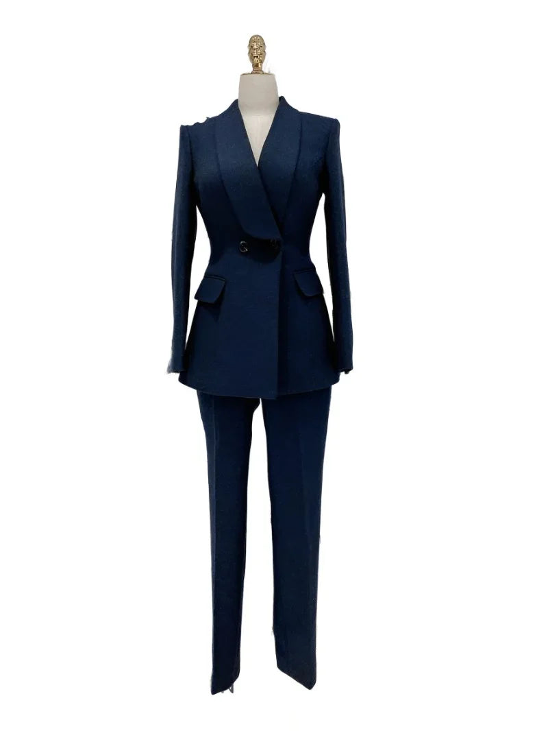 Elegant Women's Pant Suit - Solid Double-Breasted - Navy