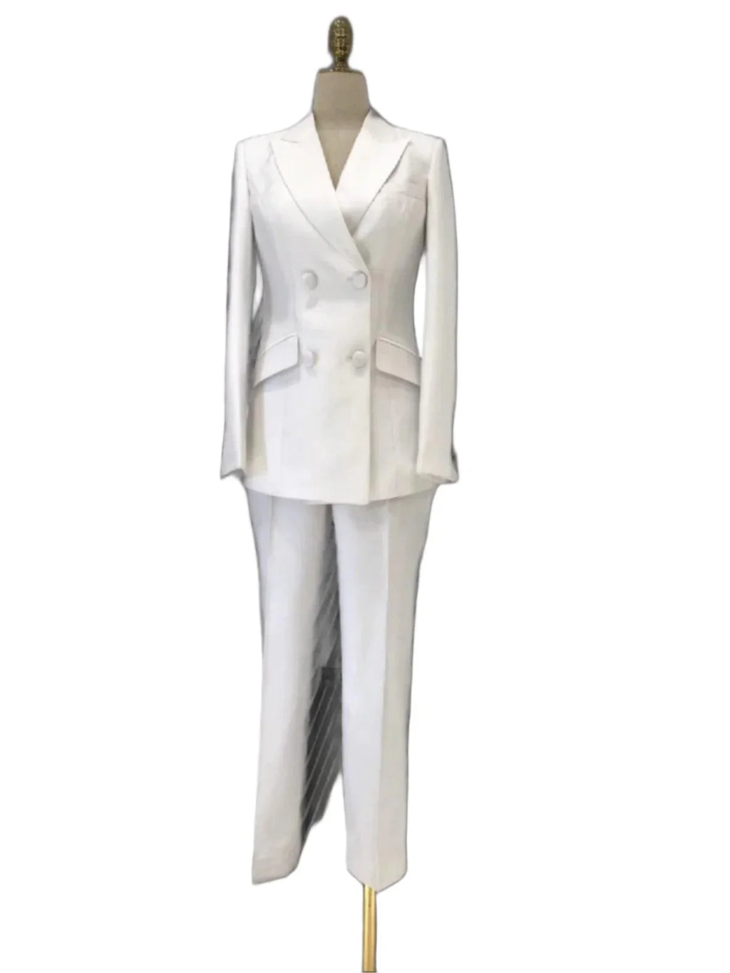 Elegant Women's Pant Suit - Solid Double-Breasted, White