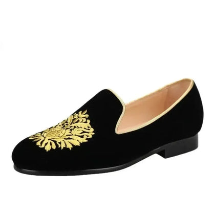 Embroidered Gold Floral Velvet Women Loafers -Guocali
