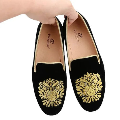 Embroidered Gold Floral Velvet Women Loafers -Guocali