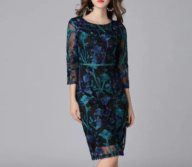 Dark teal floral embroidered sheer knee-length dress with three-quarter sleeves fashion image