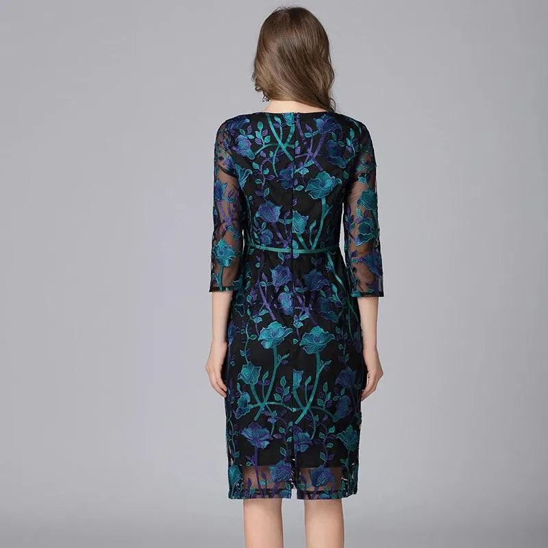 Embroidered Three-Quarter Knee-Length Lace Dress -Guocali