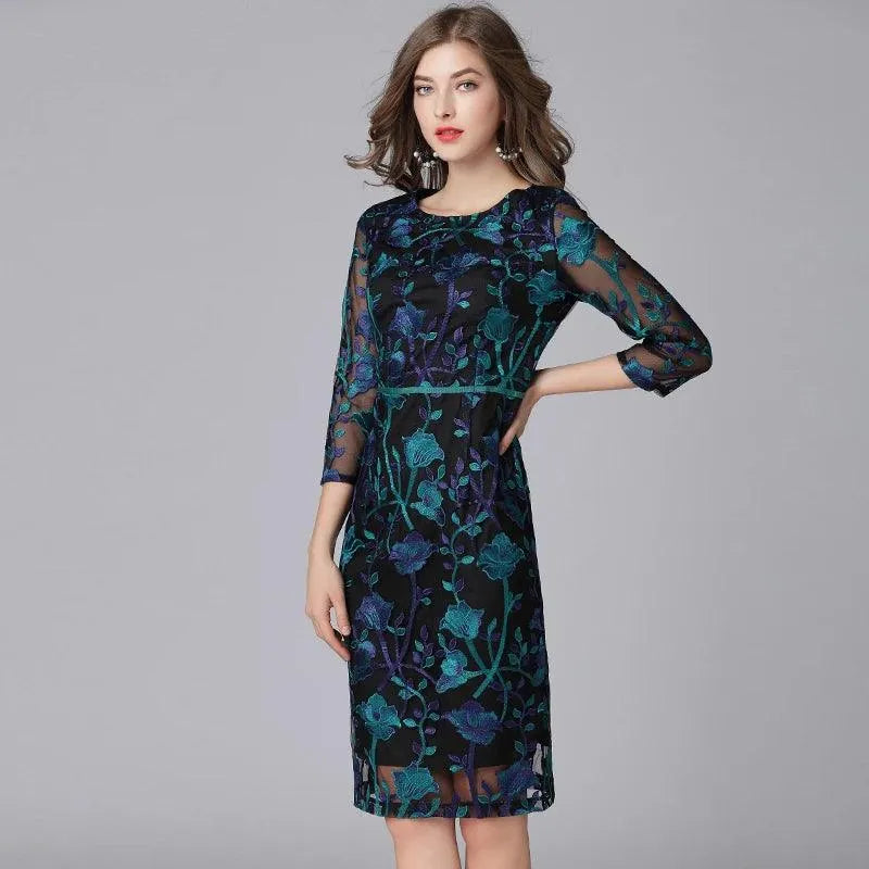 Embroidered Three-Quarter Knee-Length Lace Dress -Guocali