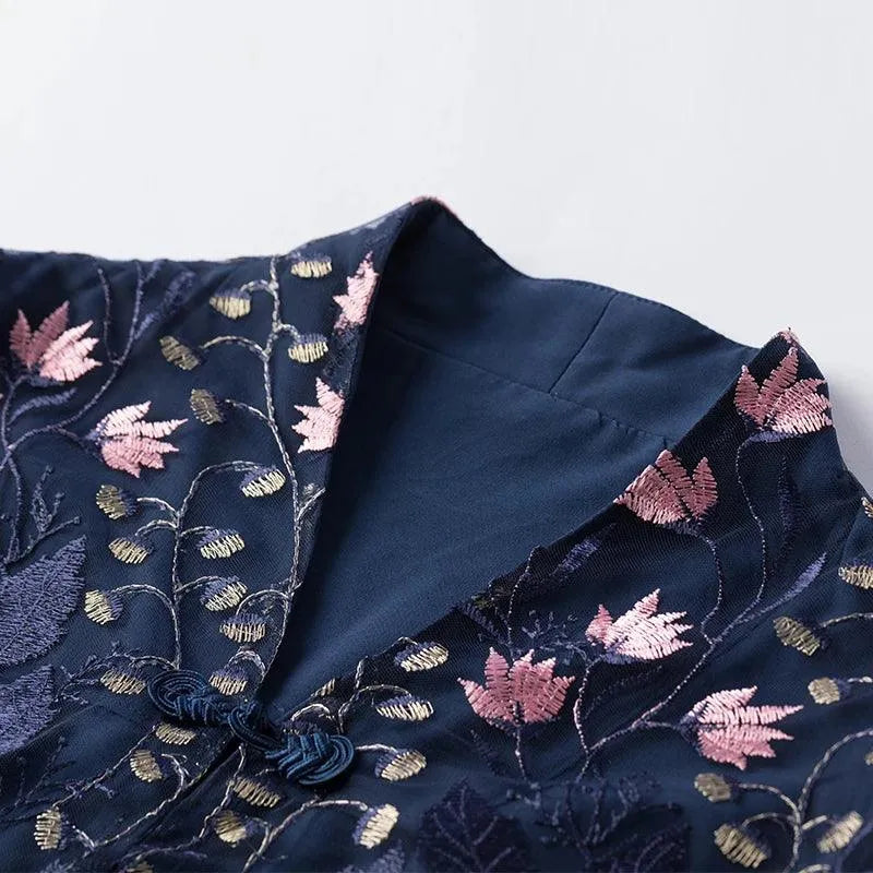 Embroidered V-Neck Floral Knee-Length Dress -Guocali