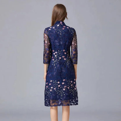 Embroidered V-Neck Floral Knee-Length Dress -Guocali