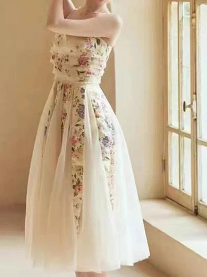 Fairy Style Printed Mesh Midi Dress -Guocali