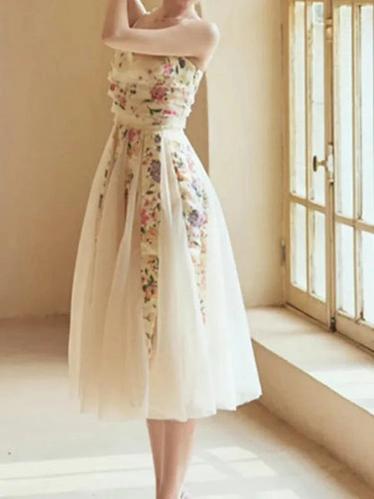 Fairy Style Printed Mesh Midi Dress -Guocali