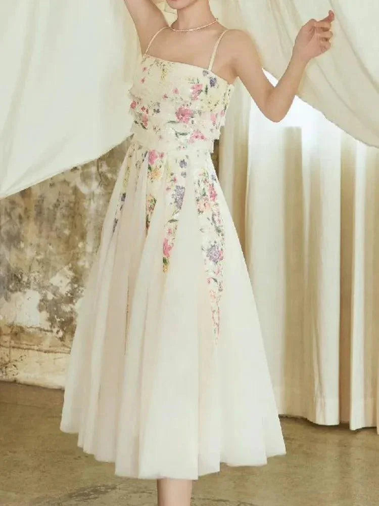 Fairy Style Printed Mesh Midi Dress -Guocali