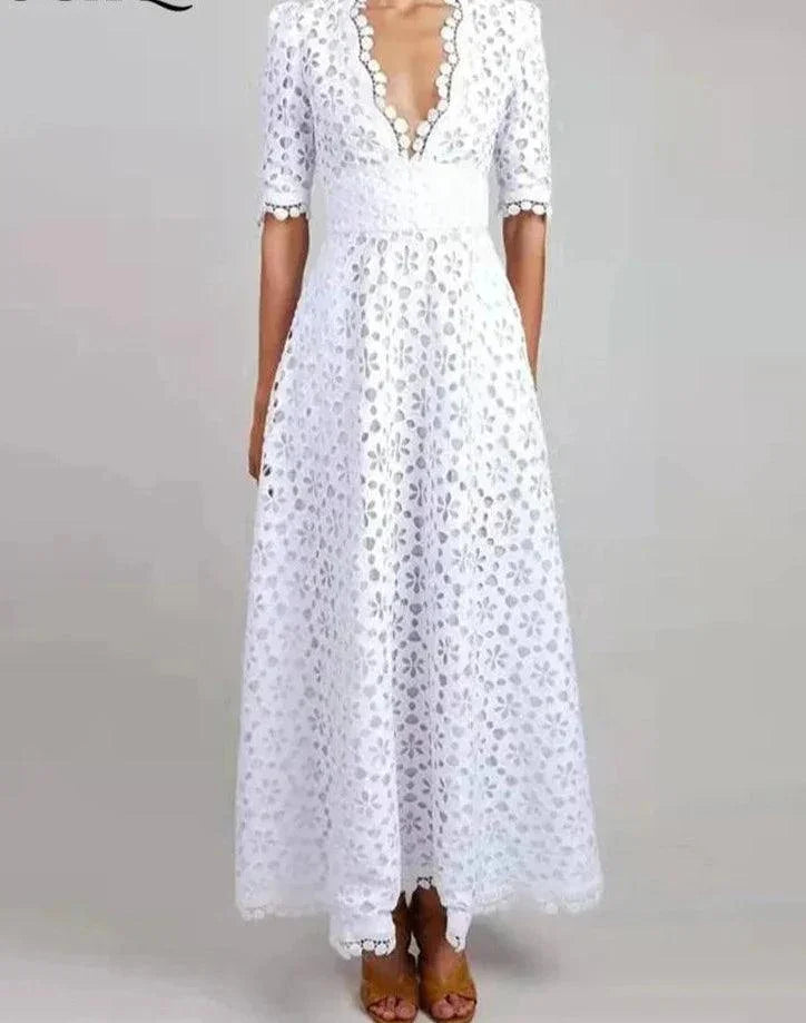 Fairy Style V-Neck White Lace Dress -Guocali