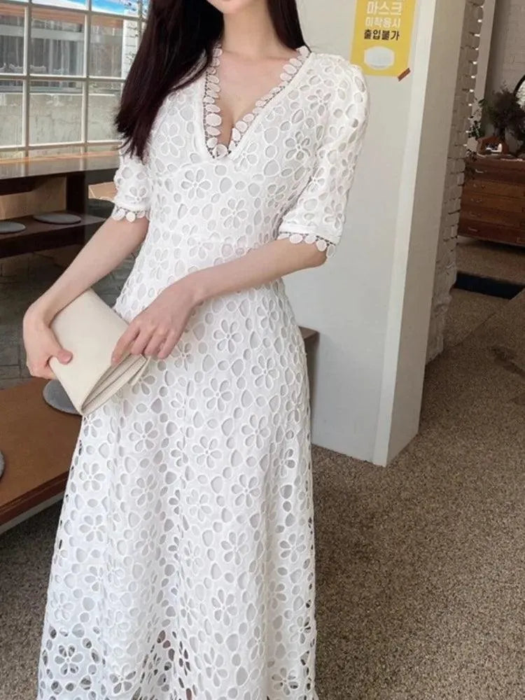 Fairy Style V-Neck White Lace Dress -Guocali