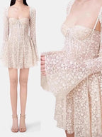 Fairycore Strapless Sweetheart Neckline Lace Dress - Illusion Long Sleeves -Guocali