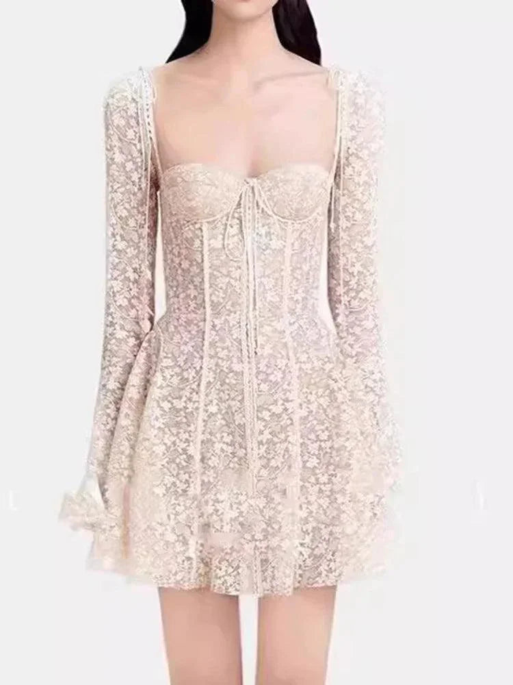 Fairycore Strapless Sweetheart Neckline Lace Dress - Illusion Long Sleeves -Guocali