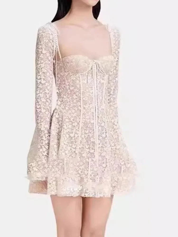 Fairycore Strapless Sweetheart Neckline Lace Dress - Illusion Long Sleeves -Guocali