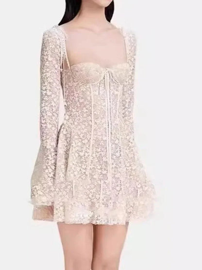 Fairycore Strapless Sweetheart Neckline Lace Dress - Illusion Long Sleeves -Guocali