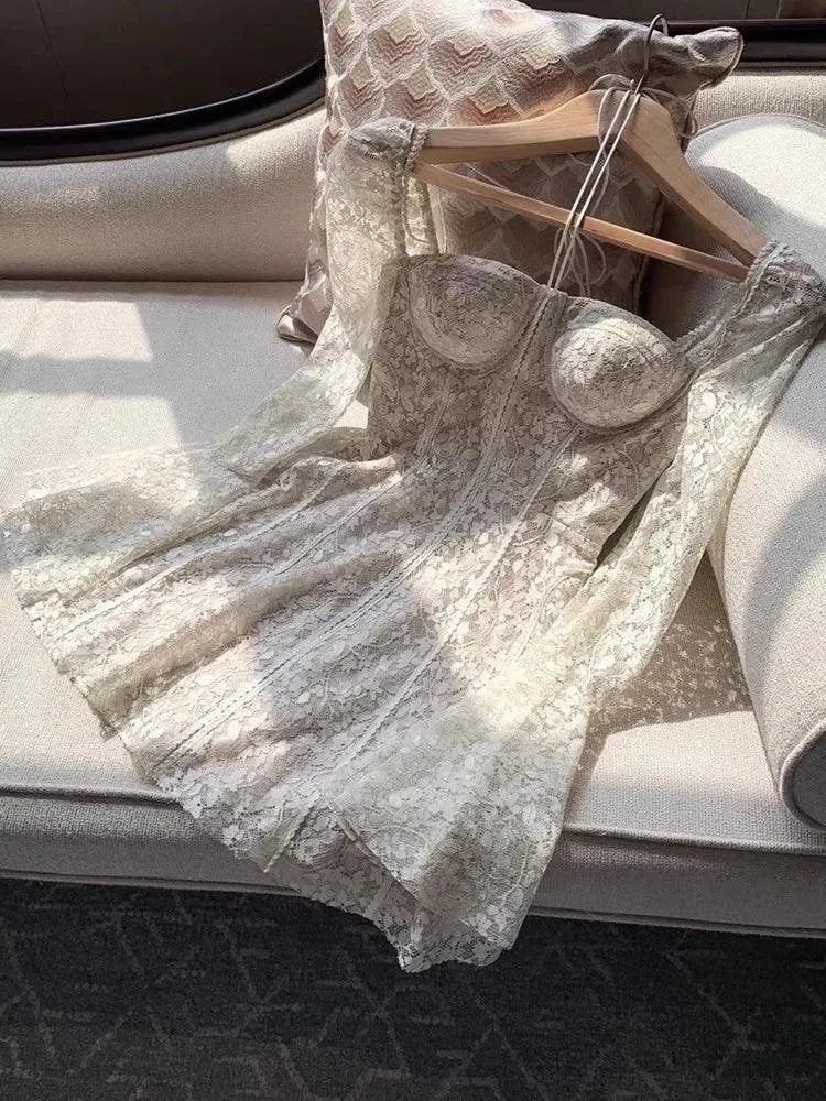 Fairycore Strapless Sweetheart Neckline Lace Dress - Illusion Long Sleeves -Guocali