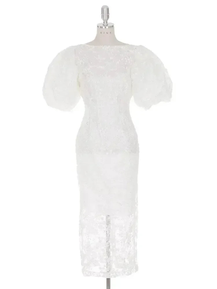 Fashion Bubble Sleeves Lace Sequin Long Dress -Guocali