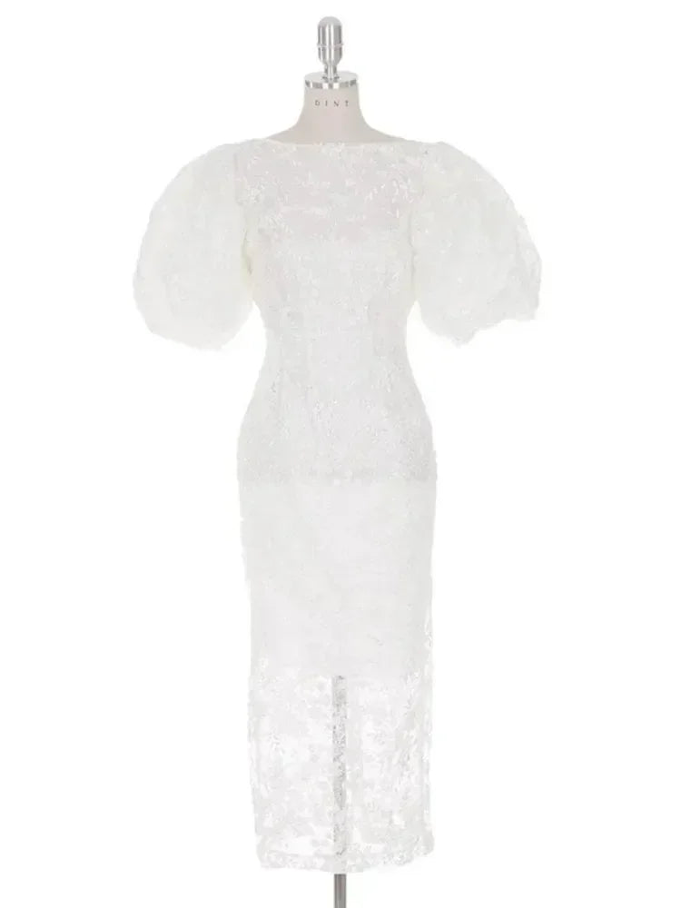 Fashion Bubble Sleeves Lace Sequin Long Dress -Guocali