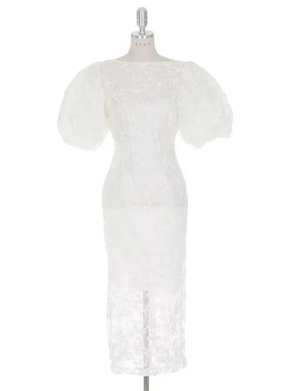 Fashion Bubble Sleeves Lace Sequin Long Dress -Guocali