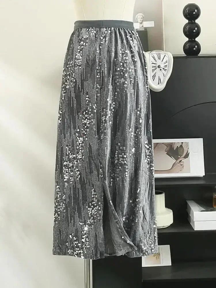 Fashion Women's Sequined A-Line Skirt High Waist Mid Length -Guocali