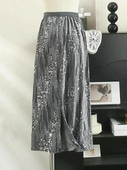 Fashion Women's Sequined A-Line Skirt High Waist Mid Length -Guocali
