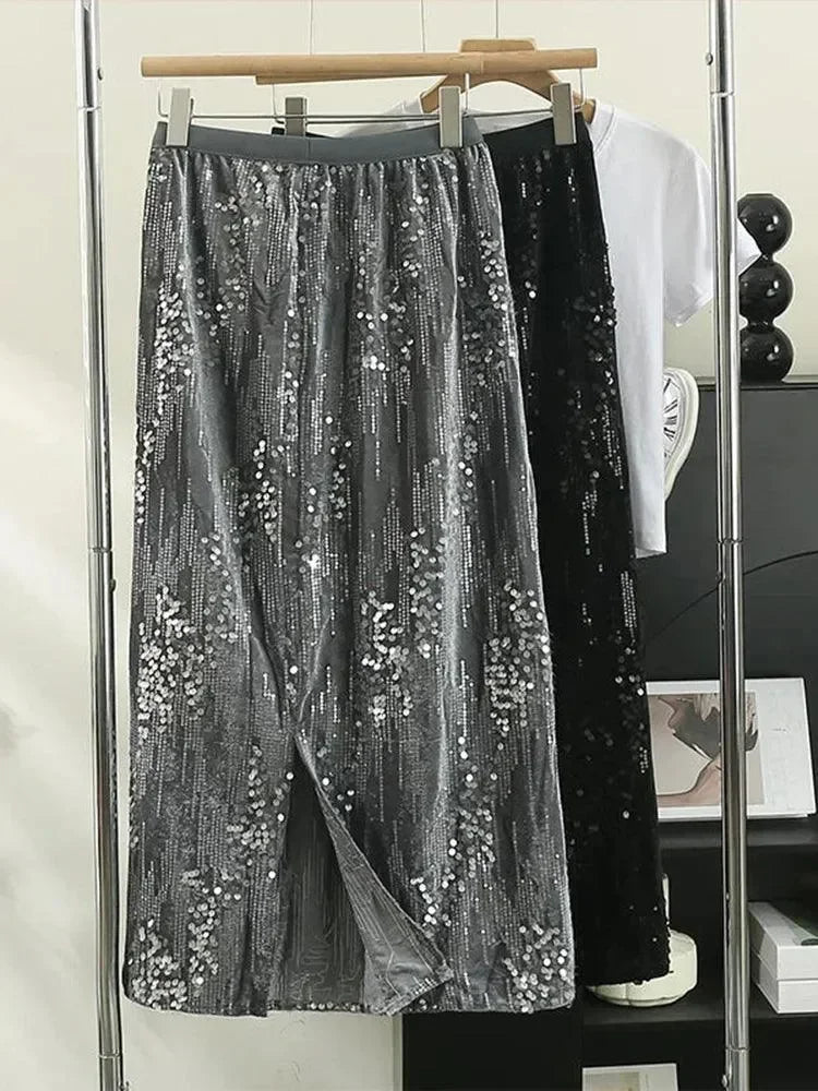 Fashion Women's Sequined A-Line Skirt High Waist Mid Length -Guocali