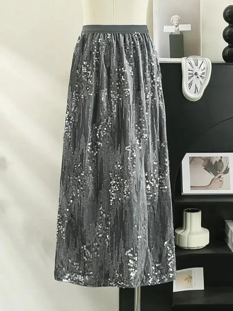 Fashion Women's Sequined A-Line Skirt High Waist Mid Length -Guocali