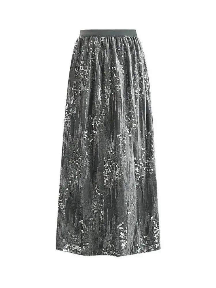 Fashion Women's Sequined A-Line Skirt High Waist Mid Length -Guocali
