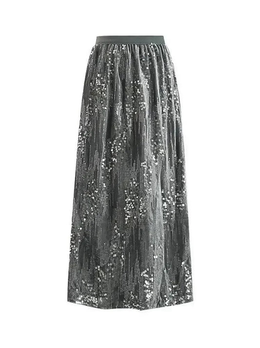 Fashion Women's Sequined A-Line Skirt High Waist Mid Length -Guocali