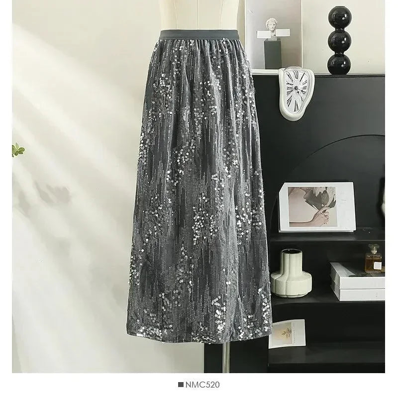 Fashion Women's Sequined A-Line Skirt High Waist Mid Length -Guocali