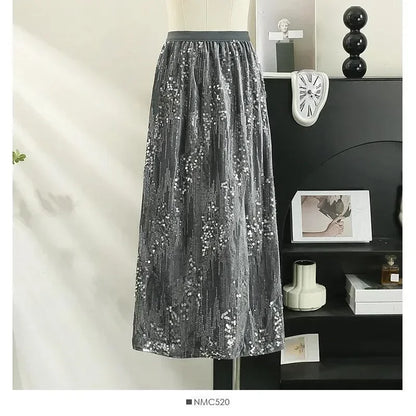 Fashion Women's Sequined A-Line Skirt High Waist Mid Length -Guocali