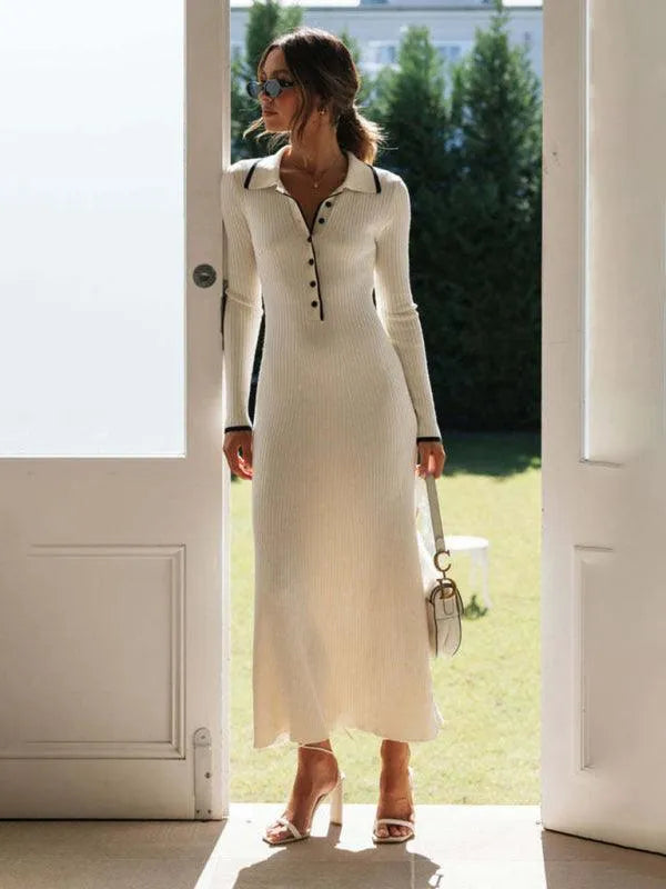 Fashionable Lapel Slim Fit Knitted Dress -Guocali