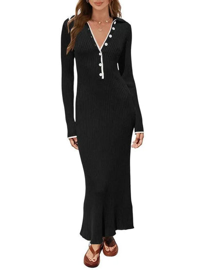 Fashionable Lapel Slim Fit Knitted Dress -Guocali