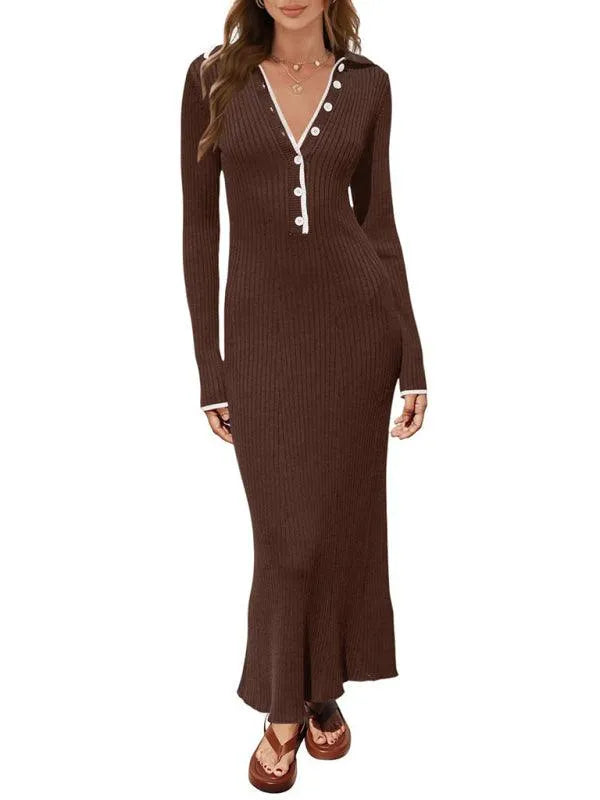 Fashionable Lapel Slim Fit Knitted Dress -Guocali