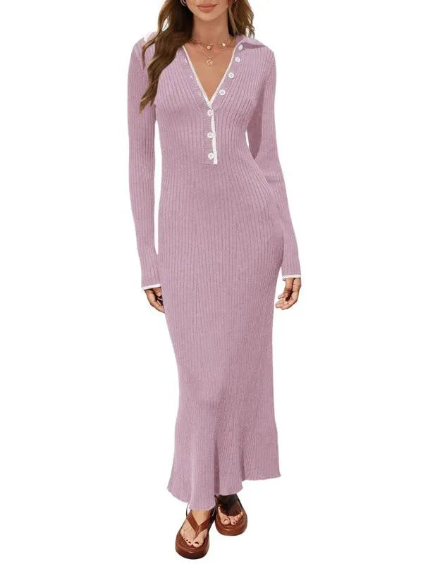 Fashionable Lapel Slim Fit Knitted Dress -Guocali