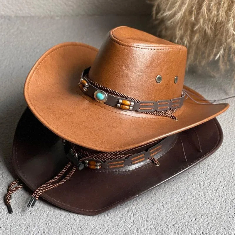 Unisex faux leather western cowboy hats with braided bands and decorative beads, stacked on a gray surface.