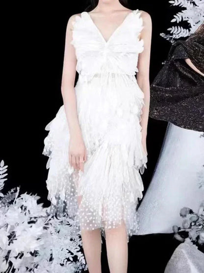 Feather Hollow V-Neck Suspender Dress -Guocali