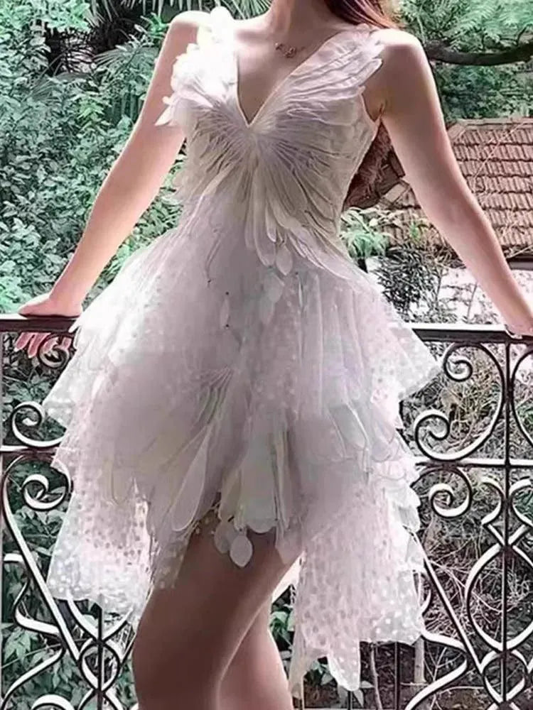 Feather Hollow V-Neck Suspender Dress -Guocali