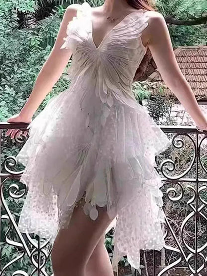 Feather Hollow V-Neck Suspender Dress -Guocali