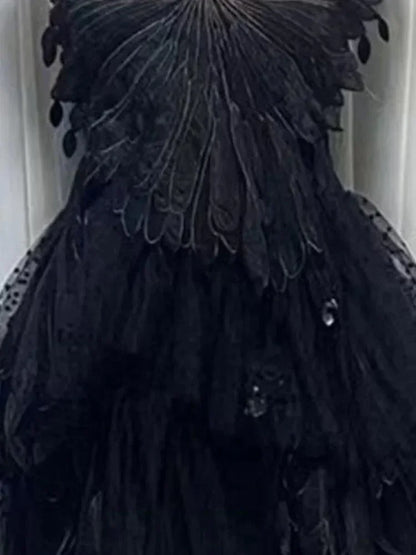 Feather Hollow V-Neck Suspender Dress -Guocali