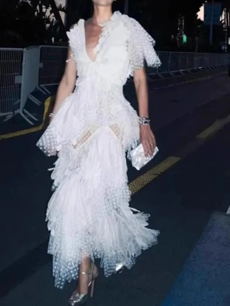 Feather Hollow V-Neck Suspender Dress -Guocali