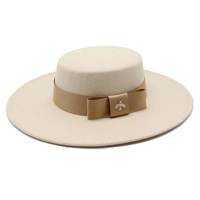 Women's beige fedora hat with flat top, tan bowknot, and gold bee pin, GUOCALI Paris