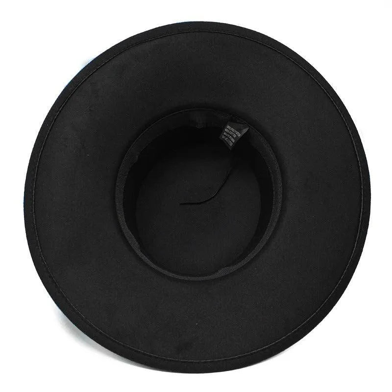 Black fedora hat for women, flat top, wide brim, viewed from above