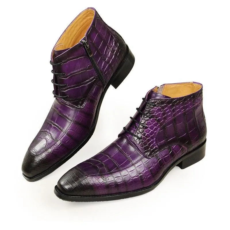 Purple crocodile pattern leather ankle boots with laces and side zipper, men's dress shoes