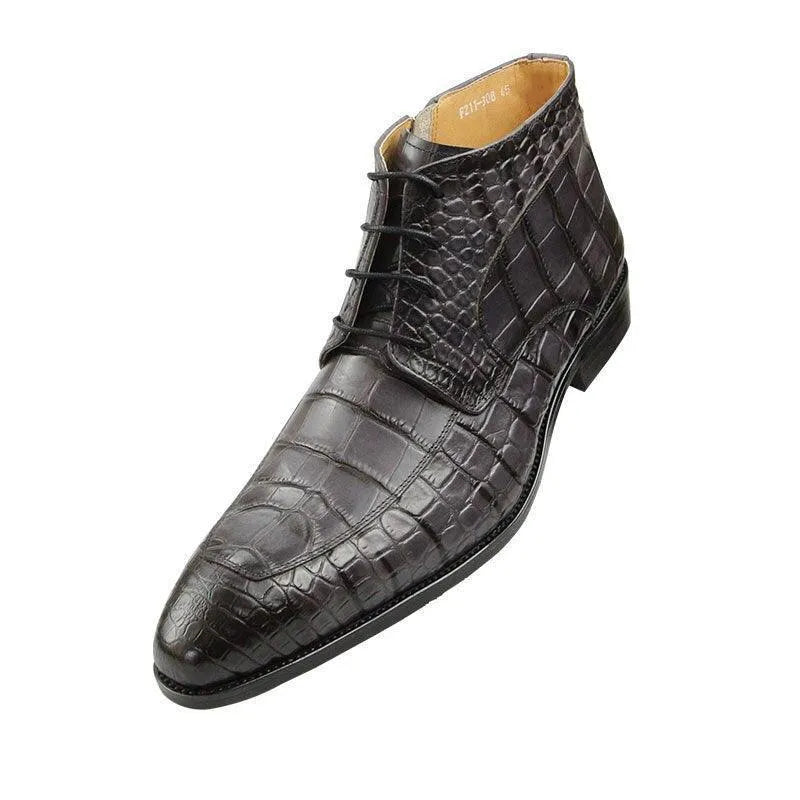 Men's black crocodile-embossed leather ankle boot with laces on white background