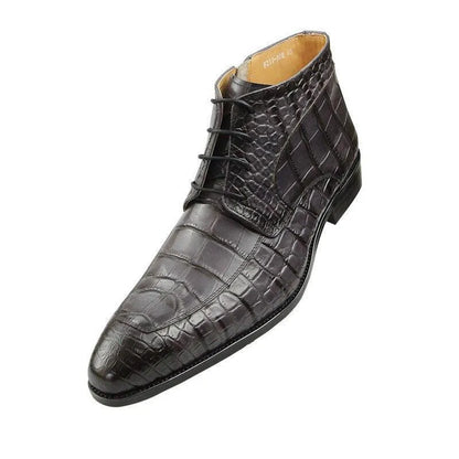 Men's black crocodile-embossed leather ankle boot with laces on white background