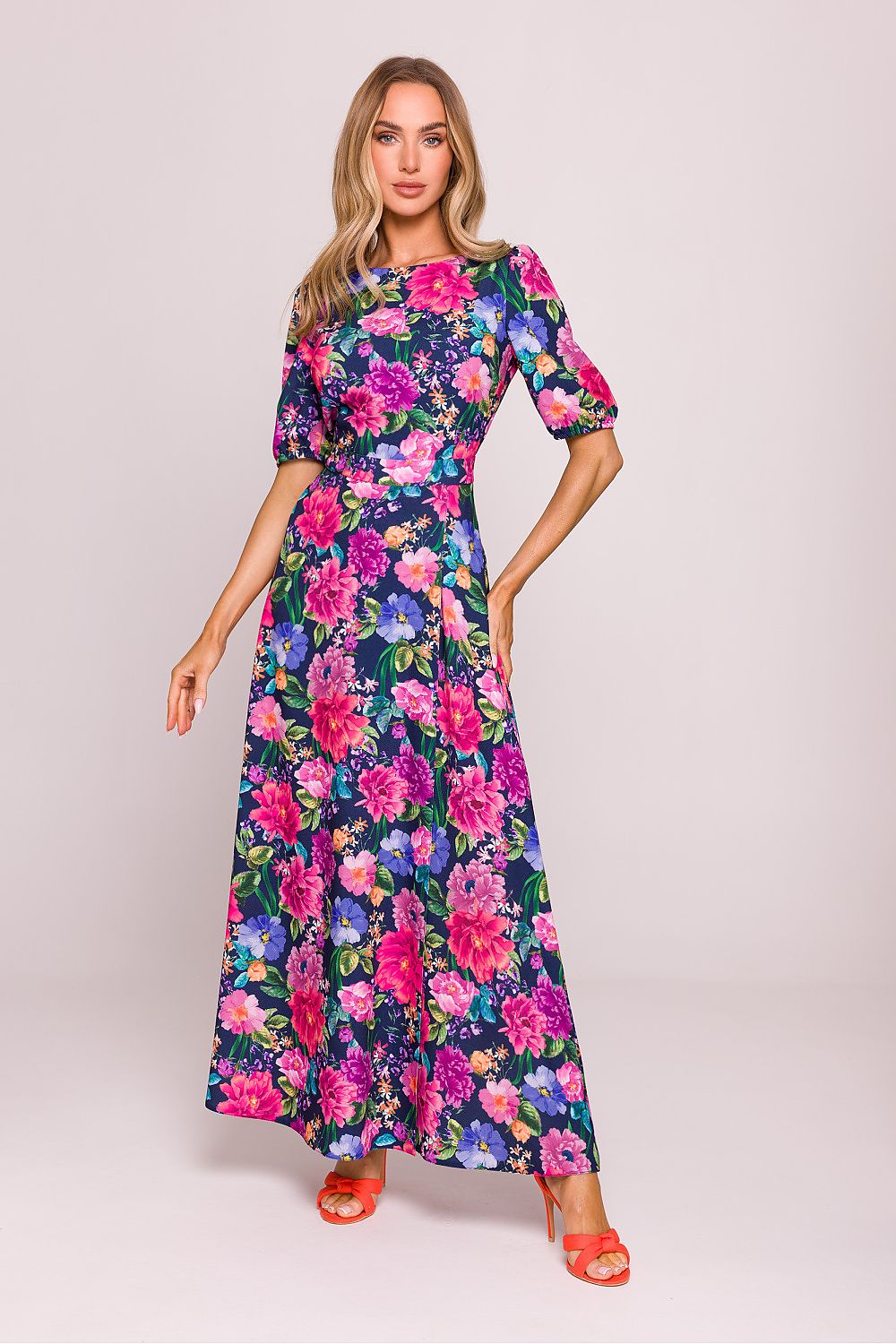 Floral Maxi Dress – Round Neck, Fit-and-Flare, Puff Sleeves – Daydress | GUOCALI – view 3