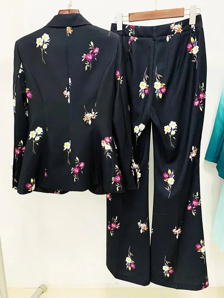 Floral Pant Suit - Notched Collar Women Trouser Suit -Guocali