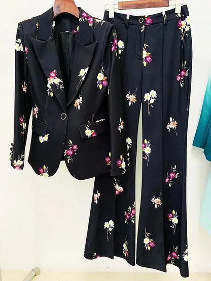Floral Pant Suit - Notched Collar Women Trouser Suit -Guocali
