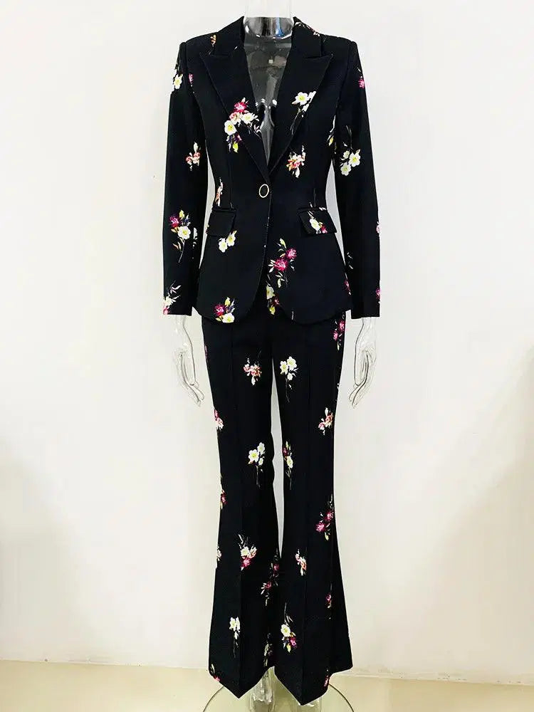 Floral Pant Suit - Notched Collar Women Trouser Suit - Pantsuit - Guocali