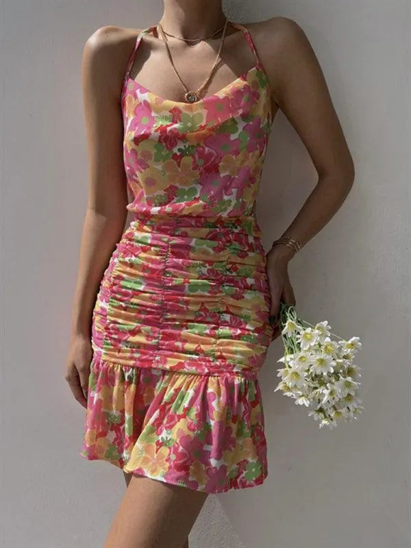 Floral Print Hip Strap Dress -Guocali